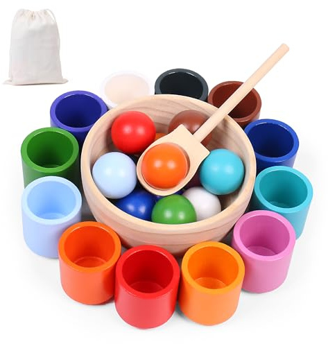 wotoyd Jouet en Bois Montessori Empilable et de Tri avec 12 Balles et Tasses – Jeu Éducatif pour Apprendre Les Couleurs et Le Comptage, Cadeau pour Enfants 2 3 4 5 Ans