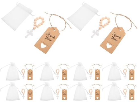 Sosoport Set 10 Rosari Battesimale Perline in Legno, Croce in Legno Artigianale, Sacchetti in Rete e Biglietti Auguri, Bomboniere Religiose per Battesimo e Comunione, Regali