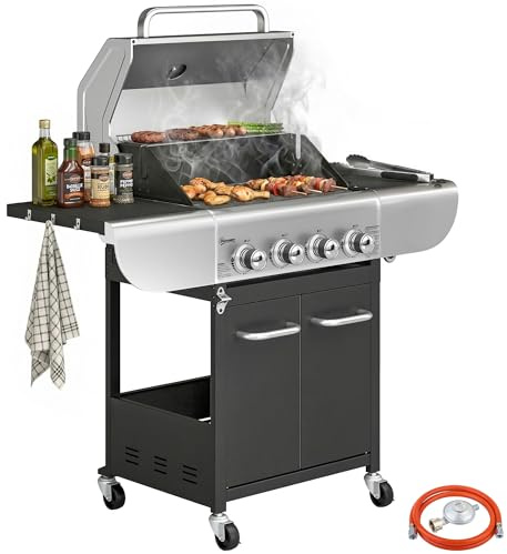 Outsunny Barbacoa de Gas BBQ Gas con 4 Quemadores 12,8 kW Barbacoa Portátil con Termómetro Mesas Laterales Armario Rejilla Calentadora Acero Parrillas de Hierro Fundido Recogedor Grasa 4 Ruedas Negro