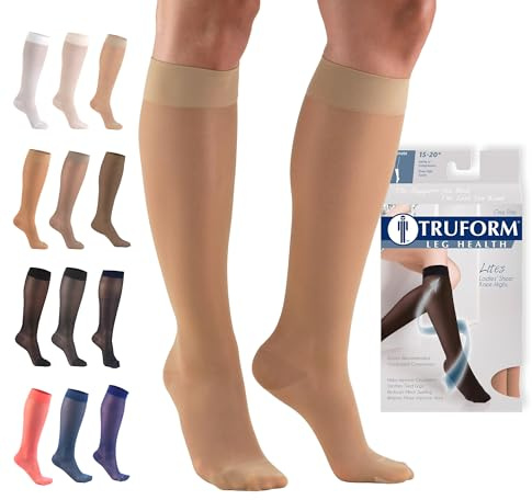 Truform Sheer Compression Stockings, 15-20 mmHg, Women's Knee High Length, 20 Denier, Light Beige, Large