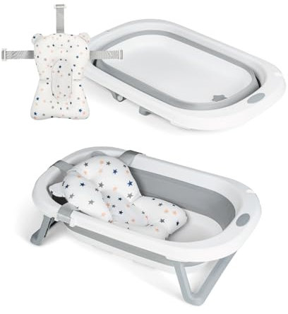 Ms Babyworld - Bañera Flexible Plegable Bebé hasta 24 meses con Termómetro, Cojín Asiento Reductor para Recien Nacido, con Patas Antideslizante e Indicador de Temperatura - Compacta