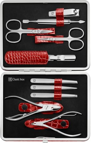 ZWILLING Manicure Set (10 piece, complete set for fingernails and toenails, genuine leather case with metal frame), Polished Stainless Steel, Crocodile Edition, Red