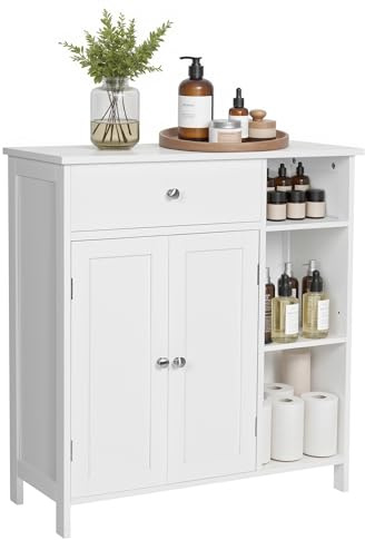 VASAGLE Meuble de Salle de Bain, Meuble de Rangement avec 2 Portes, Armoire de Salle de Bain avec Tiroir, 3 Compartiments Ouverts, Étagères Réglables, 75 x 30 x 80 cm, Blanc Nuage BBC142W01
