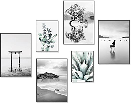 artpin® W15 Ensemble de posters modernes – Décoration de salon – Eucalyptus Menthe noir et blanc Tableau sans cadre (4 x A4 | 2 x A5)