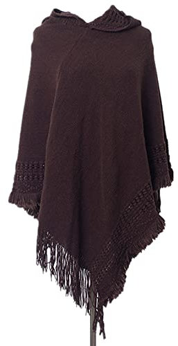 Poncho Schal Damen Winter Warmer Poncho Damen Mit Kapuze Outdoor Kuschel Poncho Teenager Mädchen Mit Strick, Cape Für Frauen Aus Strickmaterial Mit Zierfransen, Bunt (Dunkelbraun)