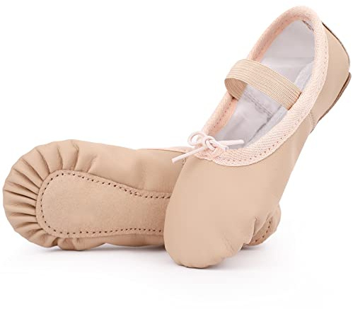 Kefiyis Ballet Shoes for Girls Leather Dance Shoes Full Sole Ballet Flats Ballet Slippers for Kids Toddler Women Adults (Beige 8.5)