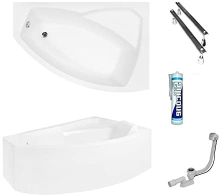 ECOLAM Baignoire d'angle Rima 150x95 cm | version droite | tablier acrylique | pieds siphon + silicone | Belle forme | Set complet