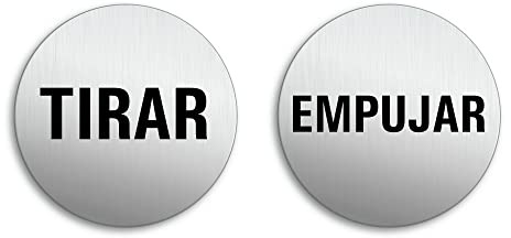 Señales para puerta Tirar Empujar Conjunto de 2 Ø 75 mm Cartel Placa Aluminio cepillado adhesivo