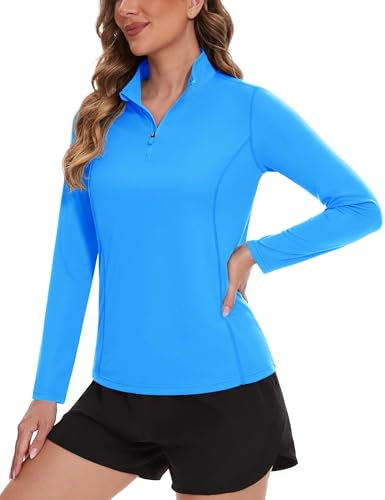 TACVASEN Sportshirt Damen Langarm Leicht Sommershirt UPF 50+ Atmungsaktiv Laufshirt Outdoor Rash Guard Surfen (M, Azurblau)