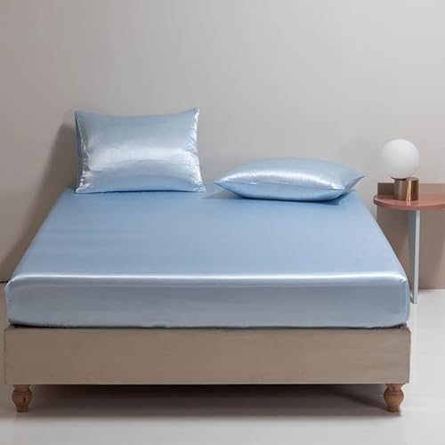 Nayoroom Spannbettlaken Satin 160x200cm Hellblau Seide Glanzsatin Glatt und Bequem Microfaser Spannbetttuch Bettlaken für Boxspringbett Topper Matratze bis 25 cm