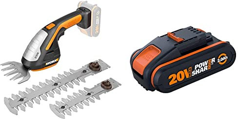 Worx WG801E.9 20V Gras- und Strauchschere WG801E inkl. 3 Verschiedene Messer, ohne Akku und Ladegerät & WA3551.1 PowerShare Akku 20V - 2000mAh Li-Ion, wiederaufladbarer, Akku für alle WORX Geräte