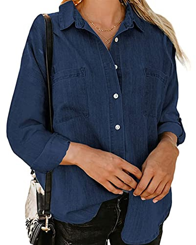 Sawmew Jeansskjorta Långärmad Jeansblus Med Knäppning För Kvinnor Mode Vår Höst Lätt Jeansjacka Med Fickor (Color : Dark blue, Size : S)