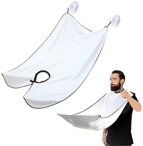 Bart Schürze, Rasierumhang, Bart Trimmen Catcher Cape für Rasieren Haarschnitt, Wasserdichtes Antihaft-Haarfänger Pflegetuch mit 2 Saugnäpfen, Geschenke für Männer, (Weiß)