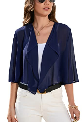 Clearlove Bolero elegante cardigan da donna in chiffon, maniche a 3/4, blu navy, M