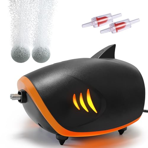 PYPABL Ossigenatore per Acquario 420L/H, Aeratore Acquario Silenziosa con 2 Uscite e luce LED, Pompa d'Aria per Acquario Regolabile, per Acquari da 50-700L (4W con Decoro LED)