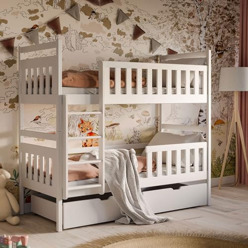 Kids Collective Etagenbett Kinder Kinderbett 90x200 cm Bett Mit 2 Schubladen senkrechter Leiter & Absturzsicherung Platzsparendes Hochbett für das Kinderzimmer 97x208x171 cm (BxTxH) Weiß