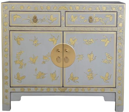 Fine Asianliving Armoire Chinoise Gris Pastel Papillons Peint à la Main - Orientique Collection L90xP40xH80cm Armoire Chinoise Meubles Chinois Mobilier Oriental Asiatique Mandarin Pekin