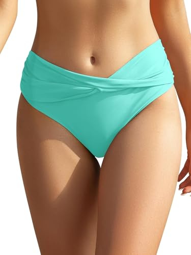 SHEKINI Women's Bikini Bottom Twist Front Ruched Swimsuit Brief | Medium Waisted, Full Lined Bathing Suit Bottoms, Moderate Coverage