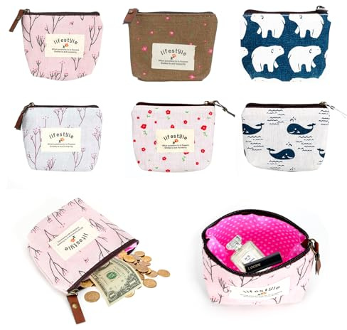 6 Stück Mini Geldbeutel Täschchen, Oxford-Stoff Mini Geldbörse Kinder Mitgebsel, Kosmetiktasche Klein mit Reißverschluss, Münzbörsen für Damen Münzen, Kopfhörer, Lippenstift, Klein Spiegel