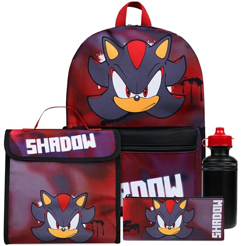 Sonic The Hedgehog Mochilas Escolares Set de 4 Piezas con Botella Agua Estuche y Bolsa Almuerzo Shadow Material Escolar (Shadow 4 Pcs Set)