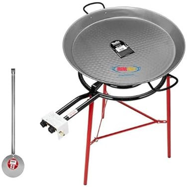 Paella Cooking Set with Polished Steel Paella Pan, Gas Burner, Legs and Skimming Spoon - Paellera Set for use at Home or Garden Outdoor Cooking (70cm Pan with 50cm 2 Ring Burner)