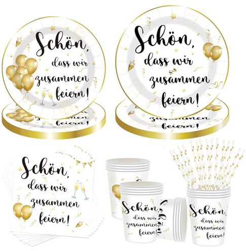 50 Stück Partygeschirr Geburtstag, Kindergeburtstag Tischdeko Goldener Ballon Servietten und Becher papier, Schön, dass wir zusammen feiern, für Geburtstag Hochzeit Party