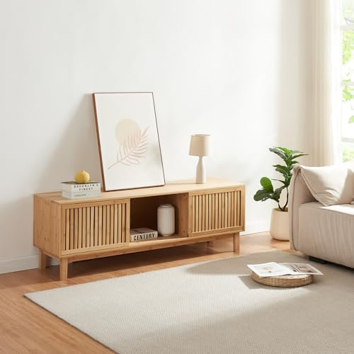 [en.casa] TV Schrank Ypäjä Lowboard mit 2 Schiebetüren und 3 Ablagefächern Fernsehschrank 150 x 42 x 50 cm TV Board TV Kommode Fernsehtisch Bambus Natur