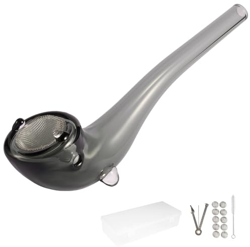 Handcrafted Glass Smoking Pipe – Durable Borosilicate Glass, Curved Long Mouthpiece, Secure Filter Holder, Includes 10 Filters, 3-in-1 Pipe Tool, Cleaning Brush & Storage Box(Black)