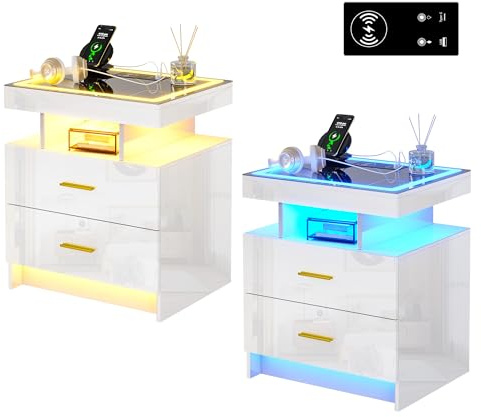 yoofun LED Bedside Table Set of 2 with Charging Station, High Gloss Bed Side Tables with 2 Drawers, 3 Color Dimmable Modern Smart Night Stand with USB Type-C port Bedroom, Living Room Bedroom White