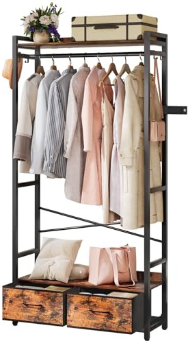 Yorbay Kleiderständer Offen aus Metall Holz: Offener Kleiderschrank Garderobe mit Kleiderstange und 2 Schubladen - Stabil Schwerlast Garderobenständer für Schlafzimmer Wohnzimmer Vintage