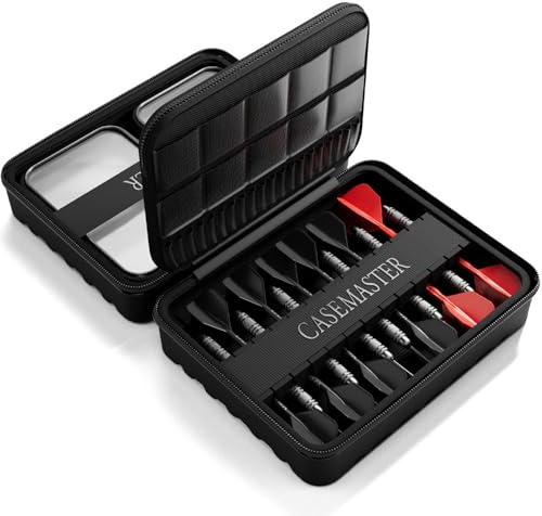 Casemaster Maxx 4 Dart Case, Holds 12 Steel Tip or Soft Tip Darts Fully Assembled, Hard Shell EVA Darts Case, 20 Accessory Pockets, Black