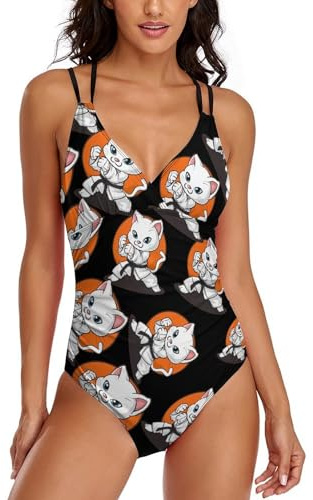Karate Taekwondo Funny Cat Jiu Jitsu Women's One Piece Bathing Suit Crisscross Back Swimsuit Tummy Control Swimwear M