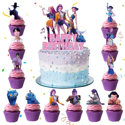 K-Pop Decoración de Cumpleaños, 13pcs K-Pop Dem0n Hun-ters Adornos de Tarta Set, Decoraciones de Cumpleaños para Fans, K-Pop Cake Topper, para Decorar Cupcakes, Muffins, Tartas y Otros Dulces