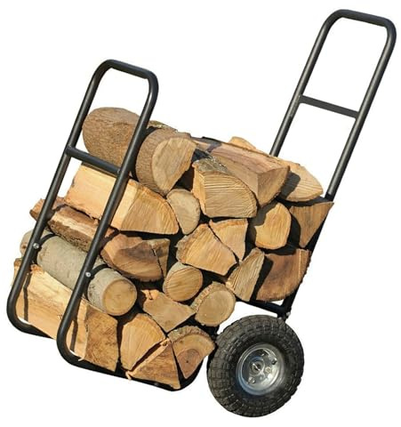 Chariot à bûches robuste avec grandes roues, capacité de 113,4 kg en acier pour un transport facile du bois de chauffage, parfait pour une utilisation sur une cheminée et un foyer, et transporteur