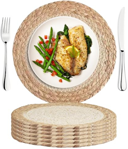 Hojalis Round Woven Placemats Set of 6, 30cm Natural Braided Table Mats for Dining, Kitchen Decor, Handmade Burdock Grass & Corn Husk Place Mats, Boho Table Mats for Family Dinners, Party, Wedding