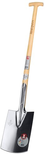 Ruhr-Spaten Gärtnerform Edelstahl rostfrei | Allround-Spaten für mittelfeste Böden | hochglanzpolierter Doppelfederspaten, ohne Tritt, Eschen-T-Stiel 85 cm, von IDEALSPATEN
