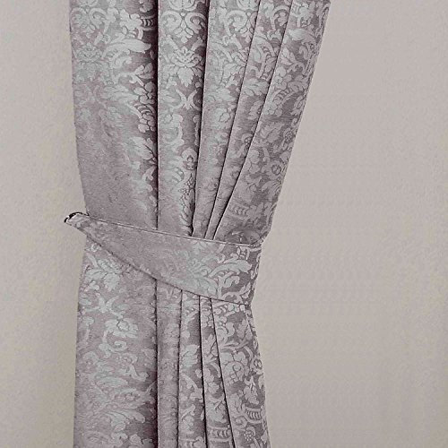 HOMESCAPES Grey Super Luxury Velvet Jacquard Curtains Tie Backs Pair, 2 Tie Backs for Curtains – Coordinating with Chenille Thermal Pencil Pleat Curtains. FREE SWATCHES AVAILABLE