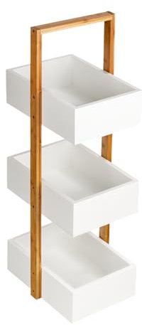 Shelfmade Korbregal Bad - Badezimmer Regal Weiß - Standregal für Küche - Holzregal, Küchenregal Stehend - Bambus Regal (3 Körbe)