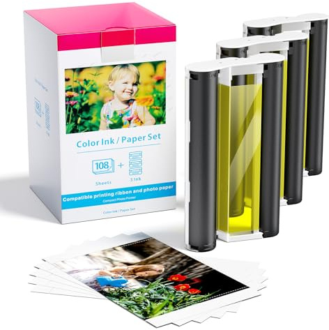 Compatible for Canon Selphy CP1300 CP1500 Ink and Paper Set for Canon Selphy CP1200 CP1000 CP910 CP900 CP810 CP760 CP770 Photo Printers,KP-108IN 3 Color Ink and 108 Sheets 4x6 Photo Paper Glossy