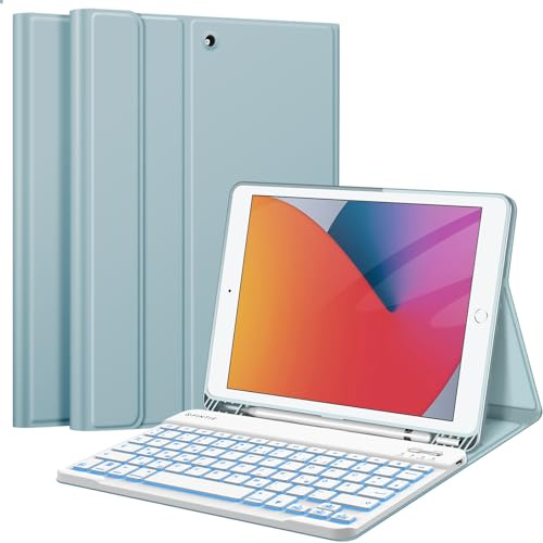 FINTIE Tastatur Hülle für iPad 9 8 7 Generation (2021/2020/2019) 10.2 Zoll 7-farbig beleuchtete abnehmbare Tastatur mit Schutzhülle, QWERTZ Layout, Eisblau