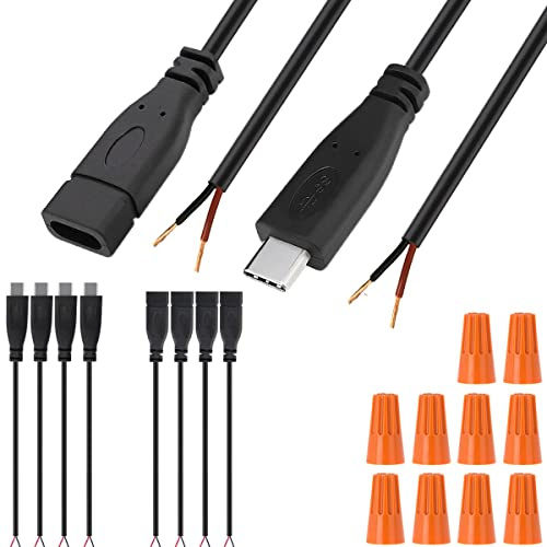 Xiatiaosann USB C DIY Lötbares 2-Draht-Netzteil-Verlängerungskabel mit Ladegerät-Anschlussstecker 2-Polige Leitung für Arduino, LED-Streifen - 4 Stecker + 4 Buchse