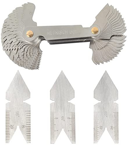 Mesee Stainless Steel Screw Thread Pitch Cutting Gauge Tool Set, 58pcs Metric & Imperial Whitworth & US SAE Type Caliper Gages + 3pcs 55 & 60 Degree Center Gage Measuring Tool
