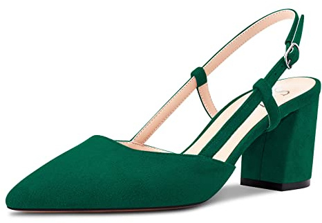 Saekcted Women Mid Chunky Block Heel Pointed Toe Sandals Ankle Strap Slingback Buckle Pumps Court Shoe Wedding Office Dress 6.5 CM Heels Shoes Green Suede D 7.5 UK