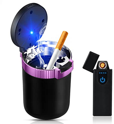 Nizirioo LED Car Ashtray with Lid: Stainless Steel, Purple, Modern Style, Touch Controller, Mounting Mechanism, Smokeless, Self-Extinguishing, Fits Standard Cup Holder & Air Vent