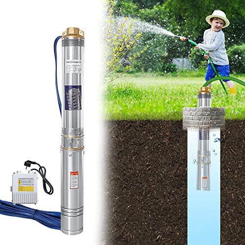Vigevee Pompe de Puits Profond, 0,37 kW Pompe de Fontaine avec débit de 4000 l/hF, Hauteur de refoulement 34 m, Maillage de Filtration Multiple pour Rivières Réservoirs, avec Câble 20 m
