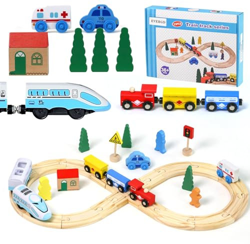EVERGD Wooden Train Set with 3Pcs Wooden Magnetic Train, 1Pcs Battery Powered Train Engine, 18Pcs Wooden Tracks Toy Railway Kit for 3 year old boys Girls