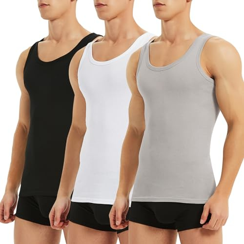 TUUHAW Camiseta Tirantes Hombre de Algodón 100% Pack de 3 Sin Mangas Cómodo Tank Top Gym Negro Blanco Gris M