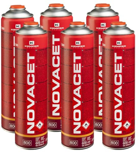Kemper - Confezione di 6 cartucce di Gas 330g Butano Propano Miscela NOVACET 600ml Valvola Universale per bombole di Gas 7/16