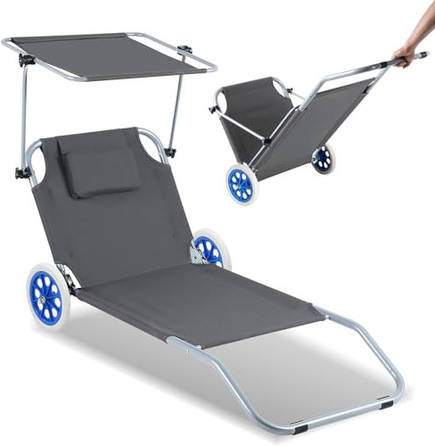 Ansobea Tumbona con Techo Tumbona Plegable con Ruedas Tumbona de Playa Respaldo Regulable en 5 Posiciones Tumbona de jardín con Capacidad de Carga de 100 kg Tumbona de Camping para Playa o Piscina Ja