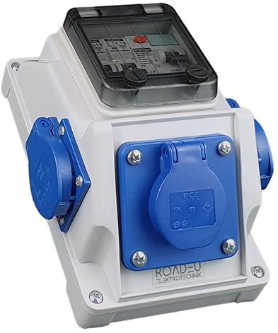 RoadEu - Stromverteiler 230V - 3x Schuko Steckdose - Steckdosenverteiler mit Fi Schutzschalter und Leistungsschalter C16A - Baustromverteiler IP44